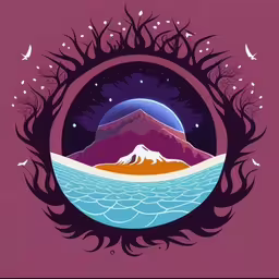 an illustration with a stylized design and an image of a lake that is in the middle of trees with a full moon rising above it,this is an artistic poster of mountains and trees