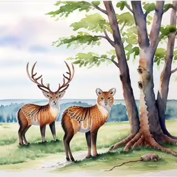 two deer standing next to a tree on a grass covered field