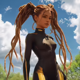 a digital painting of a young woman in black and gold