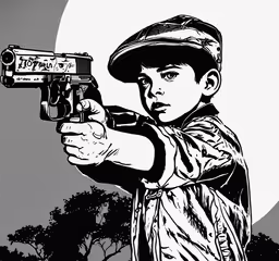 a boy in uniform holds a gun and looks at it,boy with cap and beret holding a gun drawing