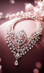 an elaborate necklace is shown on a pink surface