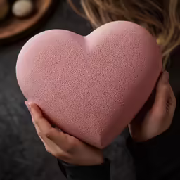 a pink heart is held by a girl in her hands