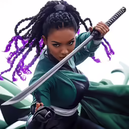 a young woman in costume holding a sword