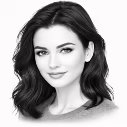 a woman with dark hair and bangs poses for a black and white photo
