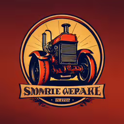 a tractor sits inside of a red and yellow circle with words on it,an image of a tractor emblem on a orange background