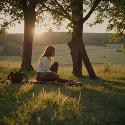 the woman is sitting under a tree in the field