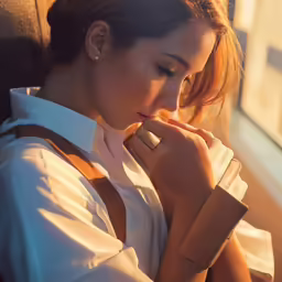 a young woman sits in an aircraft looking out the window