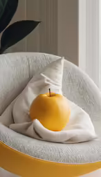 an orange is sitting on a cushion