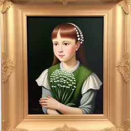 a painting of a girl with red hair holding flowers,a painting of a girl with lilies holding flowers,there is a portrait painting of a girl holding flowers,painting of girl in green outfit holding lily of the valley,a little girl holding a bunch of white flowers