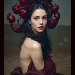 an artisticly painted portrait of a woman wearing a red dress and a large headpiece made out of roses