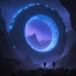 two people standing in front of a giant object that has blue circles