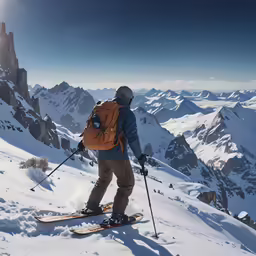 a man with a backpack snow skis on a snowy mountain