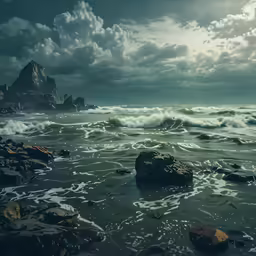 waves roll over the beach with rocks and sky