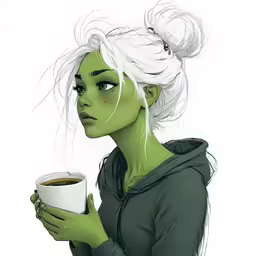 the woman is holding a cup of coffee