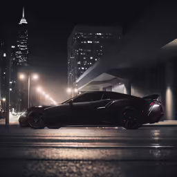 the black sports car is parked in a parking lot at night