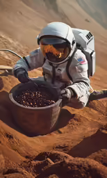 an astronaut is inspecting his coffee beans on the martian