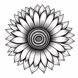 an abstract flower design, it looks like the petals are in different directions,a black and white drawing of a sunflower