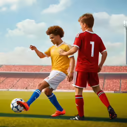 two kids play soccer on a field with a stadium