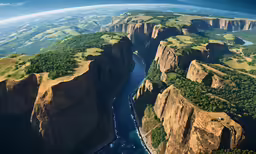 view of an aerial photo of several mountains with a river below