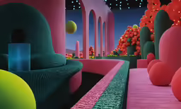 futuristic interior in pink and green, with balloons hanging from the ceiling