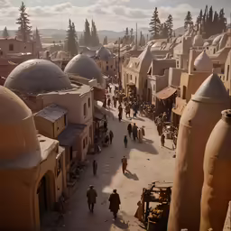 a city with tents, people and buildings