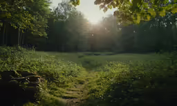 an area with grass and shrubs, trees, and a small trail leading to the setting sun