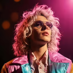 woman with pink and blue jacket and tie on dark background