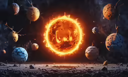 a fire in the center with planets around it