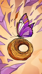 a butterfly sitting on a flower ring on top of a paper