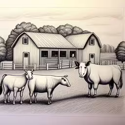 there are sheep standing outside of the barn