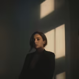 woman in black dress posing next to shadows