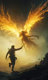 an illustration of a fire angel flying with his hands behind him