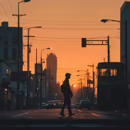 a person standing on the street at sunset