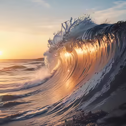 the ocean waves are breaking and shining as the sun sets