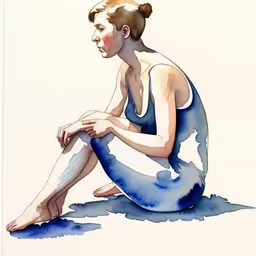 watercolor of a young woman in a blue dress seated on the ground