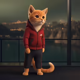 a cat in red jacket sitting down near window