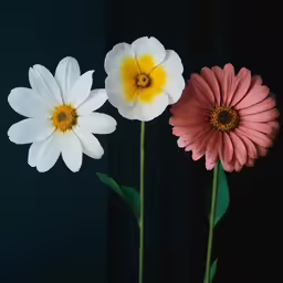 four white and pink flowers are standing in a vase