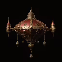 a golden and red clock hanging from the ceiling