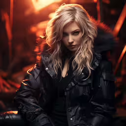 a woman is posing for a portrait with her gloves on,a beautiful young woman with blonde hair and black leather jacket