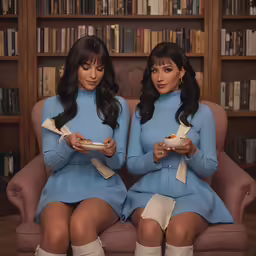 two women sit on chairs, one eating food while the other looks down