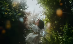 a woman reaching for something out of some trees