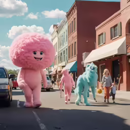 several people walking down the street as they are being followed by a very cute looking character