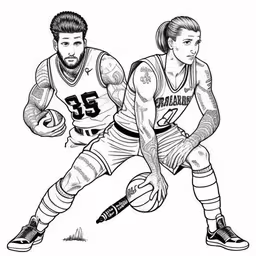 two men in uniforms on a basketball team, one running after the ball,a man and a woman playing basketball in an illustration drawing,two basketball players wearing uniforms coloring pages,two basketball players are fighting over the ball,a basketball player drawing is shown as a coloring page