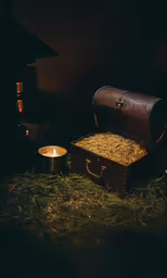 an old trunk sitting in the grass near a candle