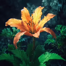 the orange flower is blooming in the midst of green leaves