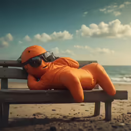 a stuffed toy in an orange outfit is sitting on the beach