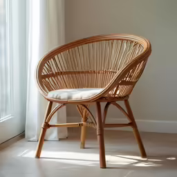 a wicker chair sitting next to a white curtain