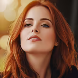 the red haired woman is wearing blue and pink lipstick