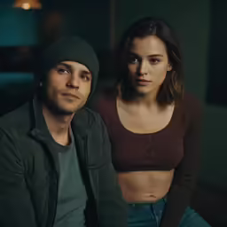 a young man sitting next to a woman in jeans