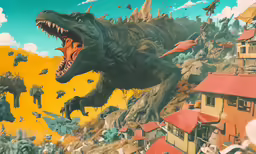 a painting of a dinosaur attacking another dinosaur in a town